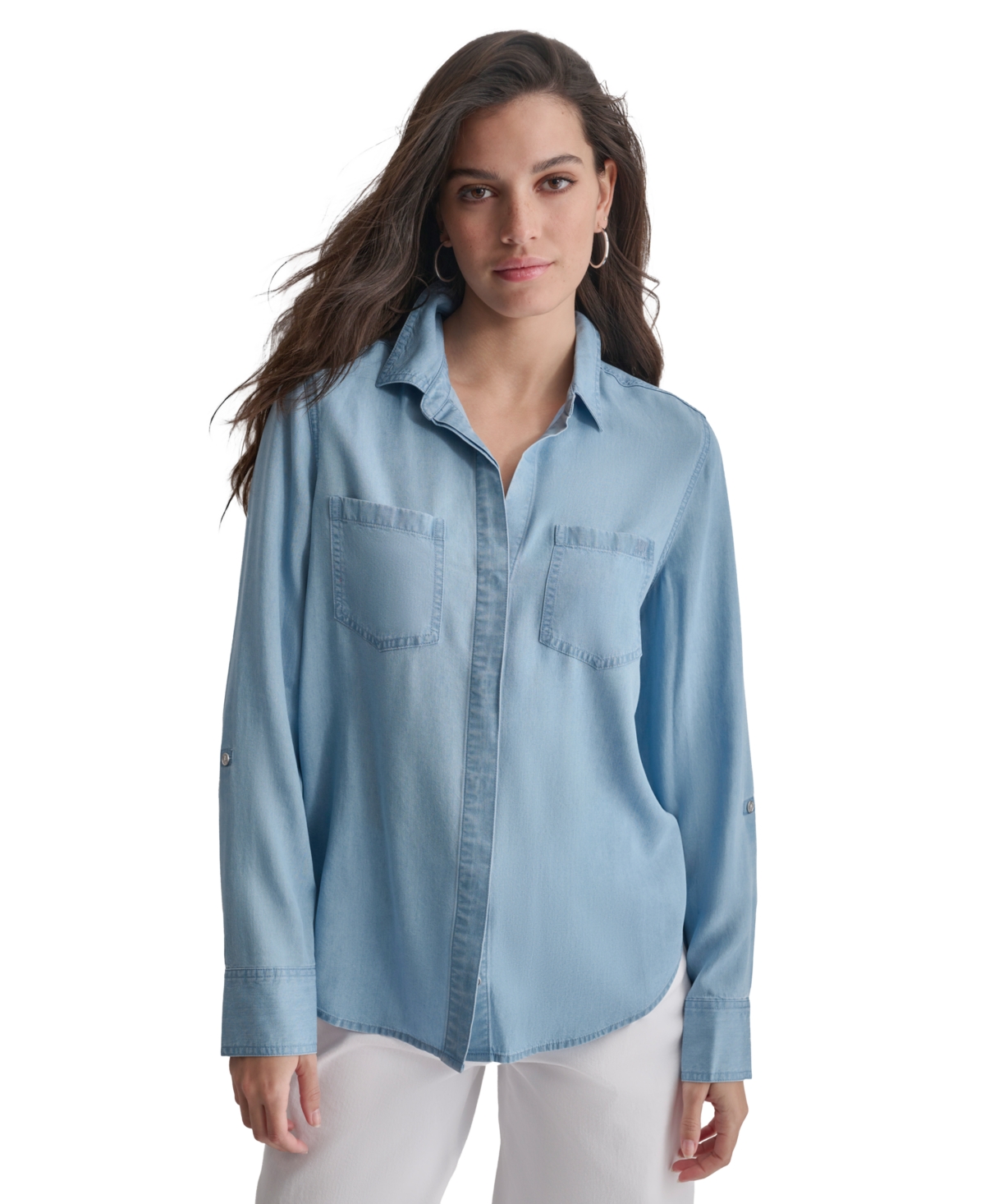 Women's Roll-Tab-Sleeve Button-Front Shirt - Fjz - Chambray