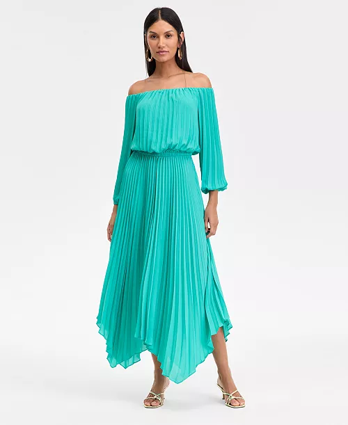 women's printed pleated off-the-shoulder maxi dress, exclusively at macy's