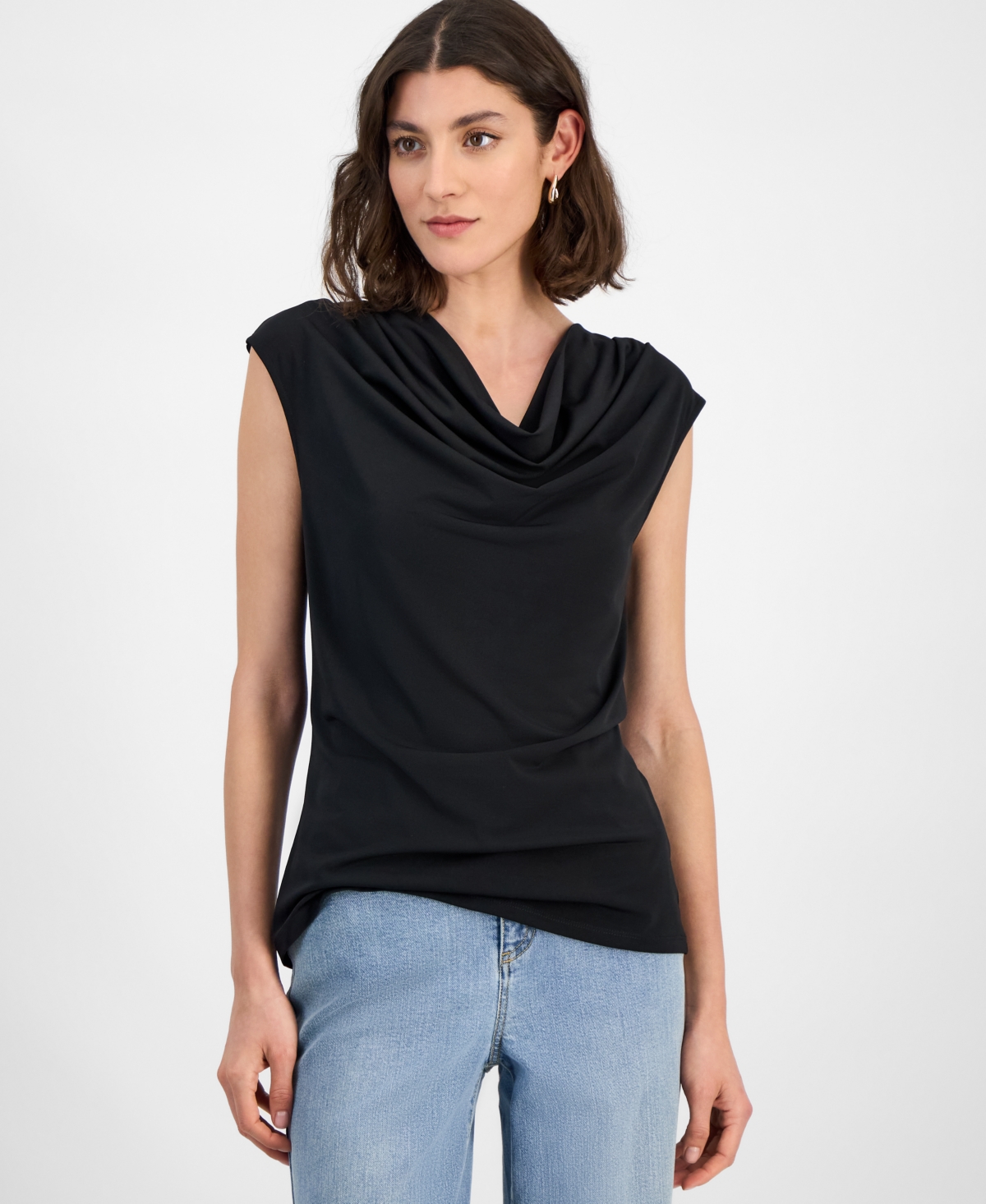 Inc International Concepts Women's Sleeveless Cowlneck Blouse, Exclusively At Macy's In Deep Black