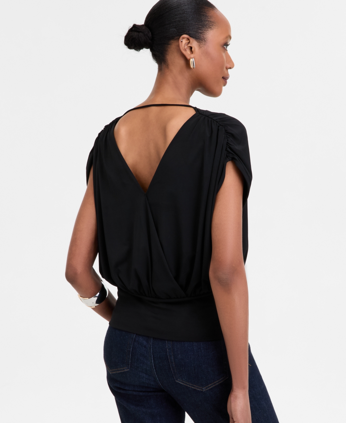 Inc International Concepts Petite Surplice-neck Sleeveless Top, Exclusively At Macy's In Deep Black