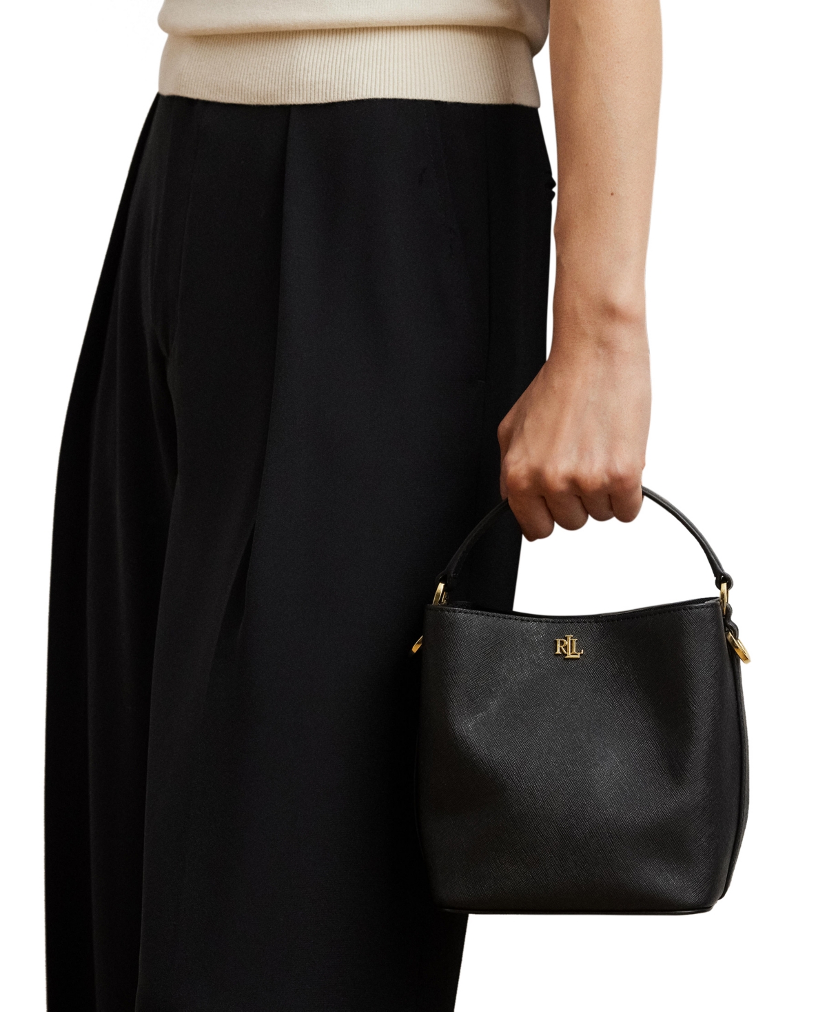 Ralph Lauren Crosshatch Leather Mini Reese Bucket Bag In Black
