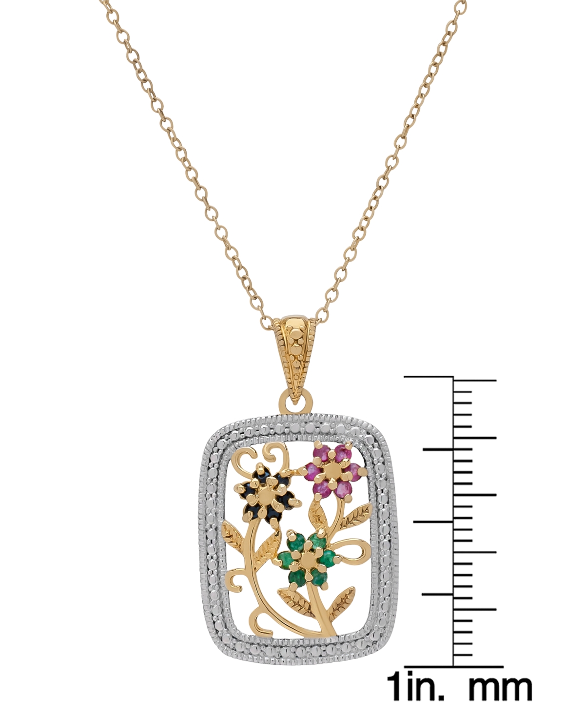 MACY'S MULTI-GEMSTONE TRIPLE FLOWER 18" PENDANT NECKLACE (3/8 CT. T.W.) IN TWO-TONE STERLING SILVER 