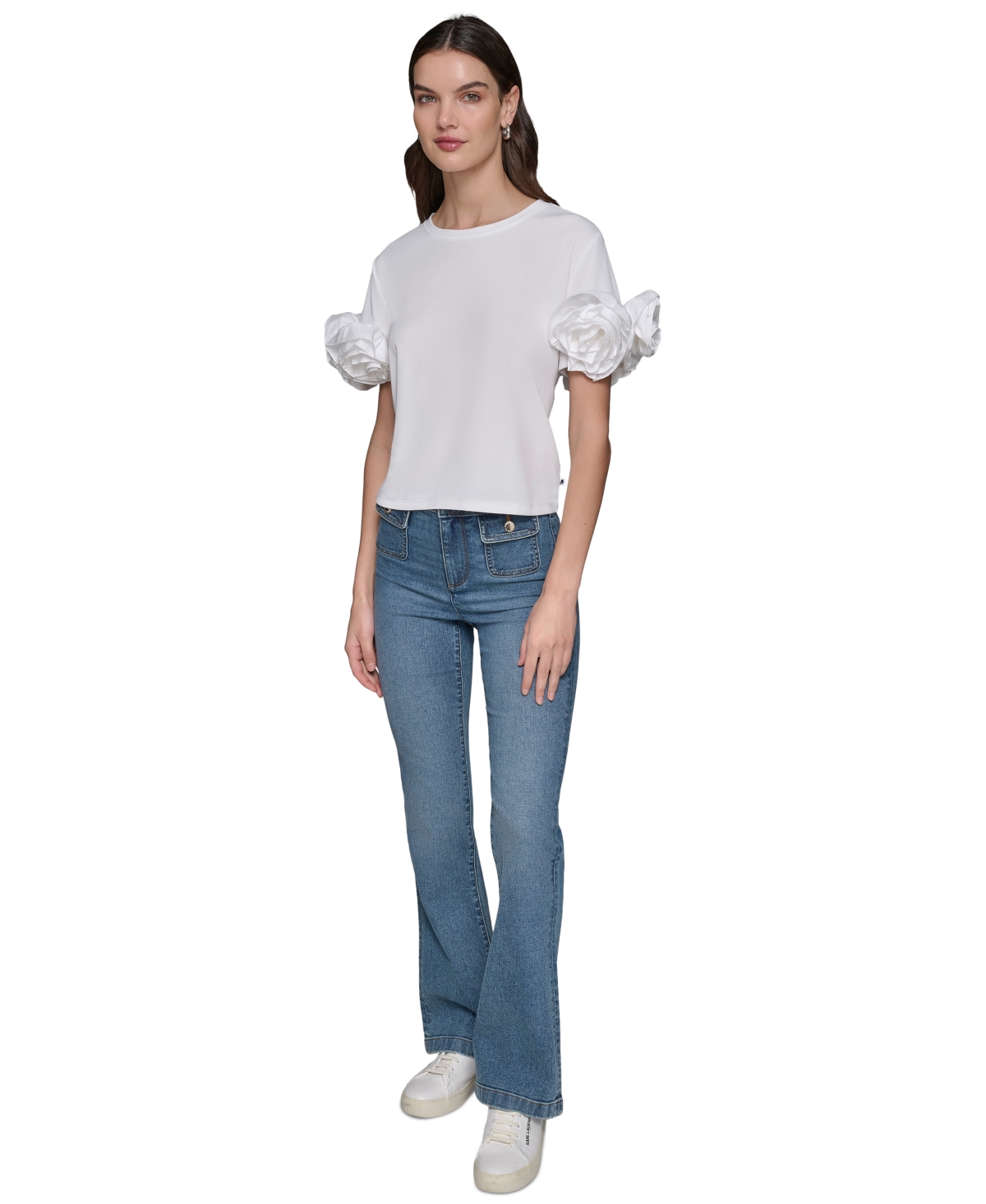 Shop Karl Lagerfeld Women's 3d Floral-sleeve Top In Soft White