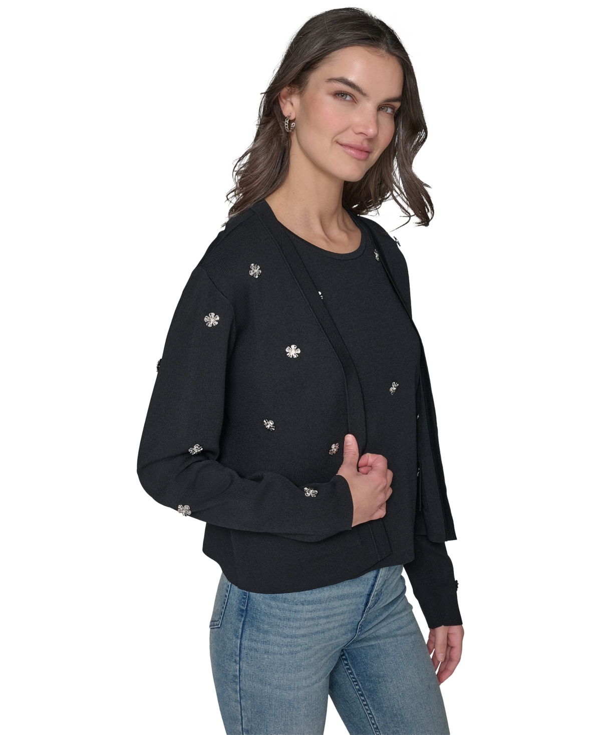 Shop Karl Lagerfeld Women's Floral-rhinestone Cardigan In Black