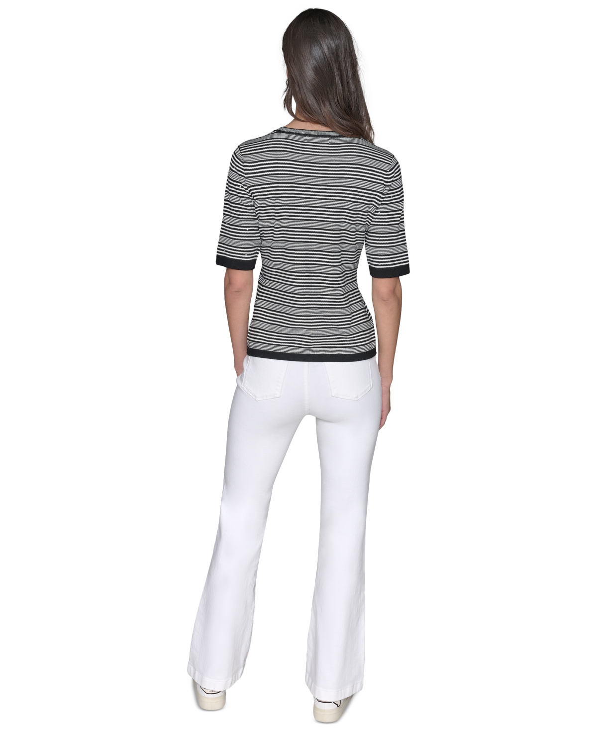 Shop Karl Lagerfeld Women's Embellished Stripe Short-sleeve Sweater In Black  White