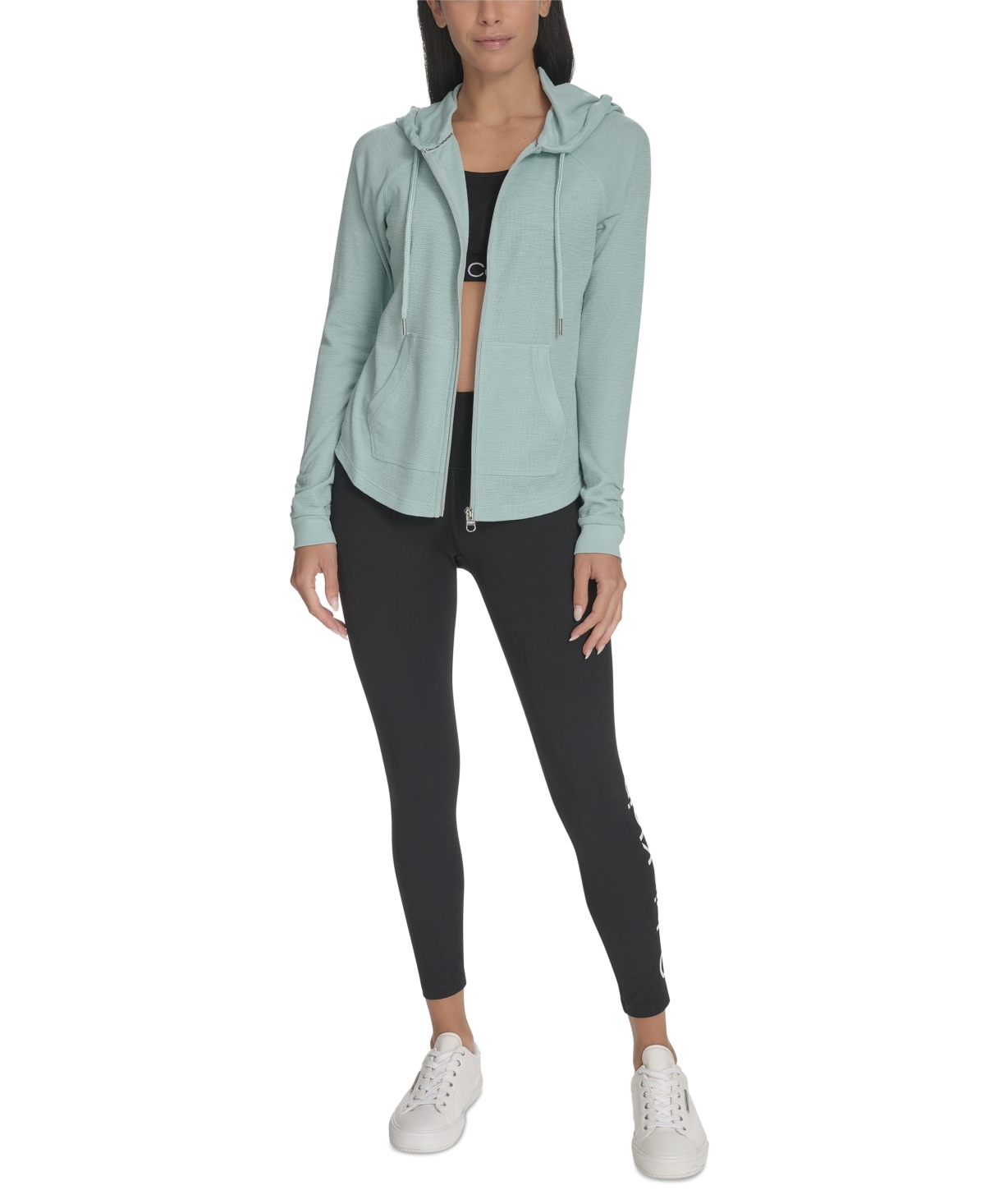 Calvin Klein Performance Ruched-sleeve Zip Hoodie In Blue Surf