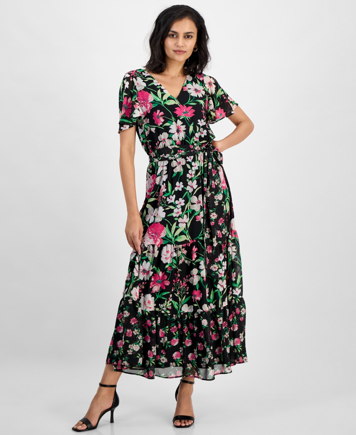 Petite Women's Printed Tiered Tie-waist Flutter-Sleeve Maxi Dress - Black Multi