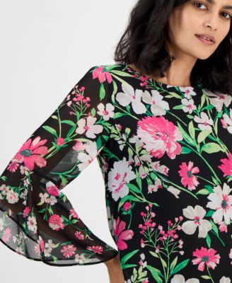 売れ筋商品|||カスパー カットソー トップス レディース Women's Floral Chiffon Ruffle Bell-Sleeve Blouse, Regular & Petite Sizes Black Multi Kasper Women's Floral Chiffon Ruffle Bell-Sleeve Blouse