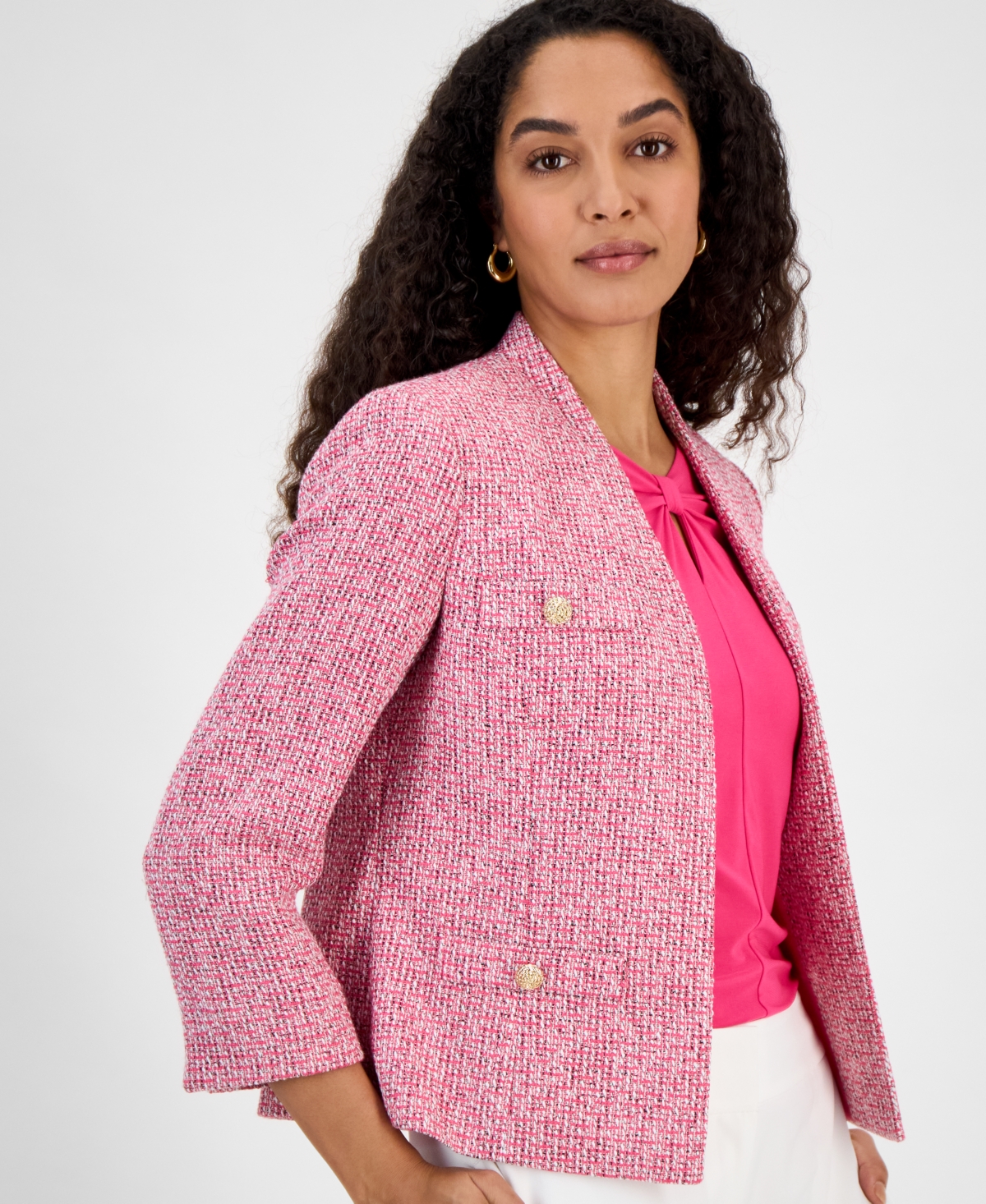 Kasper Open Front Tweed Jacket In Pink Perfection Multi