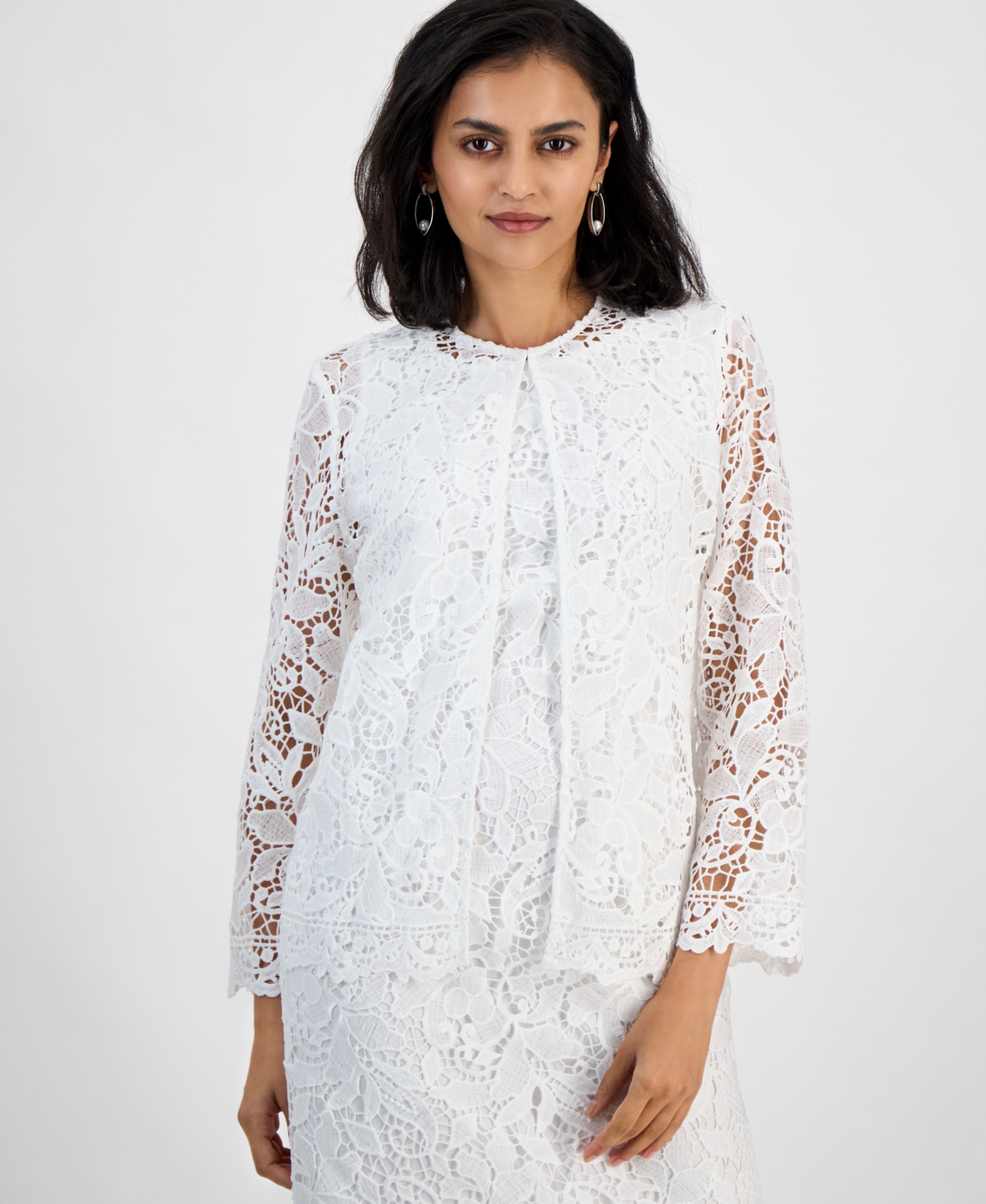 Women's Lace Open-Front 3/4-Sleeve Jacket, Regular & Petite Sizes - Lily White
