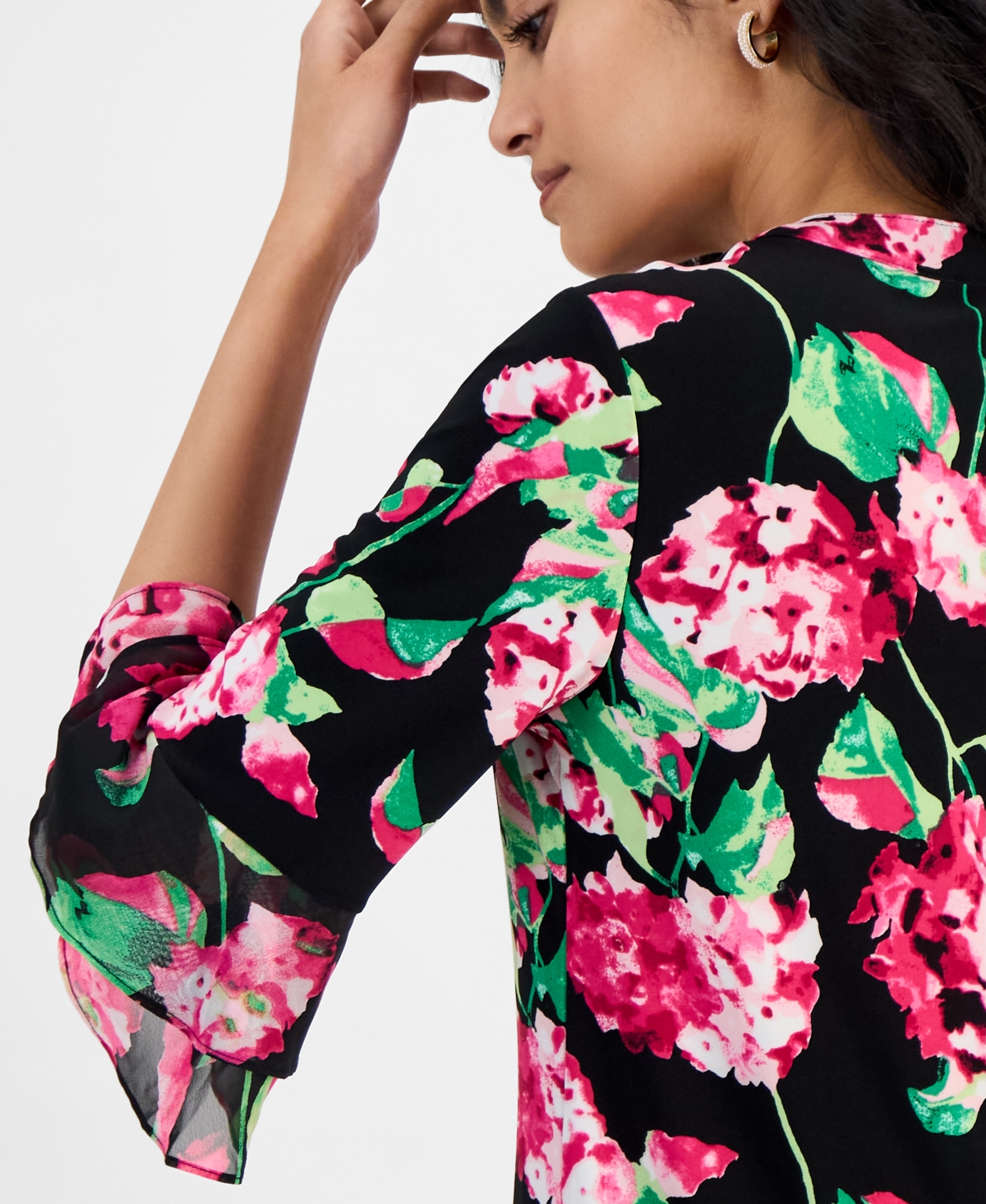 Kasper Women's Floral Split-neck 3/4-flutter Sleeve Top, Regular & Petite Sizes In Black Multi