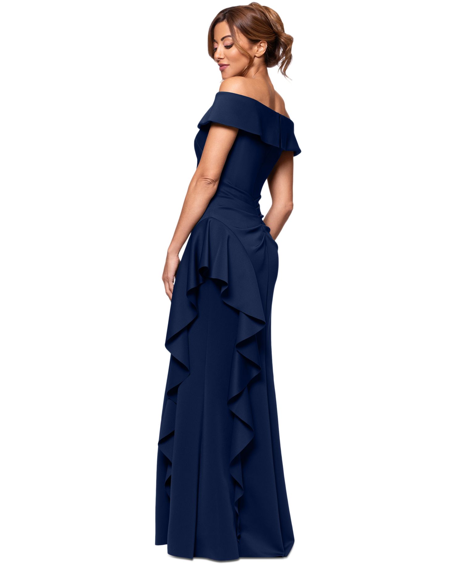 Petite Off-The-Shoulder Ruffled Side-Slit Gown