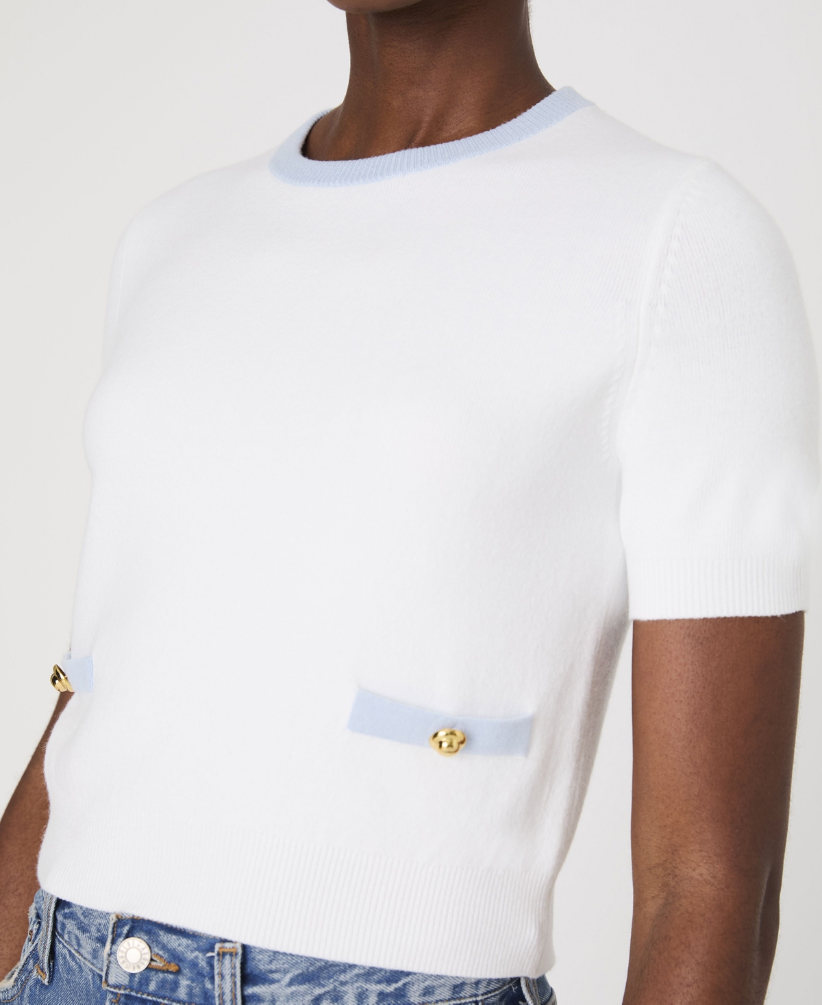 French Connection Babysoft Short Sleeve Sweater In Summer White,sky Blue