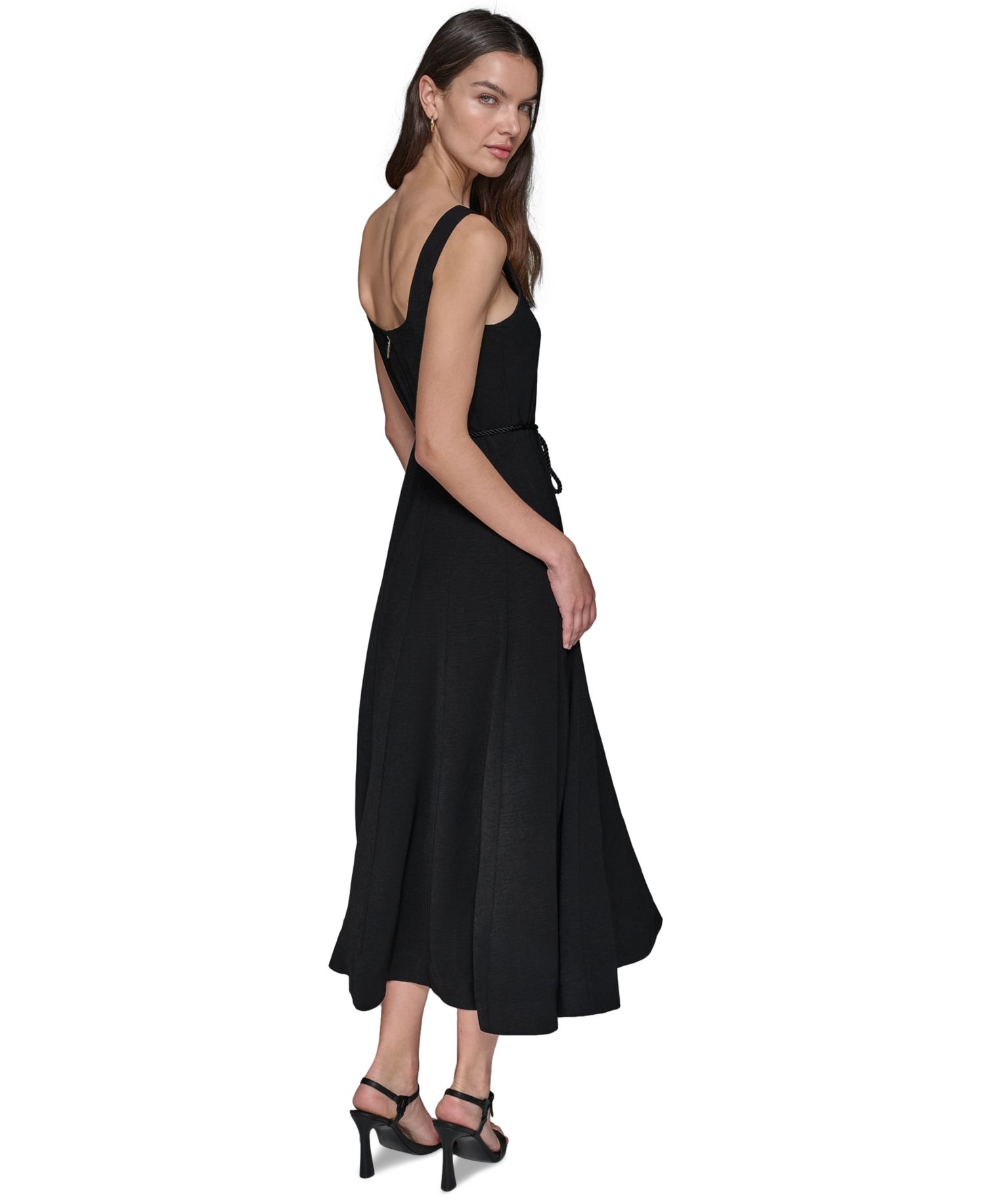 Women's Scoop-Neck Belted Sleeveless Midi Dress
