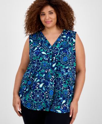 Jones New York - Plus Size Printed V-Neck Pleated Top