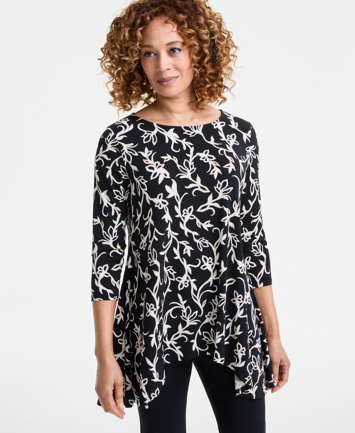 Women's Printed 3/4-Sleeve Knit Top, Exclusively at Macy's - Deep Black Zebra