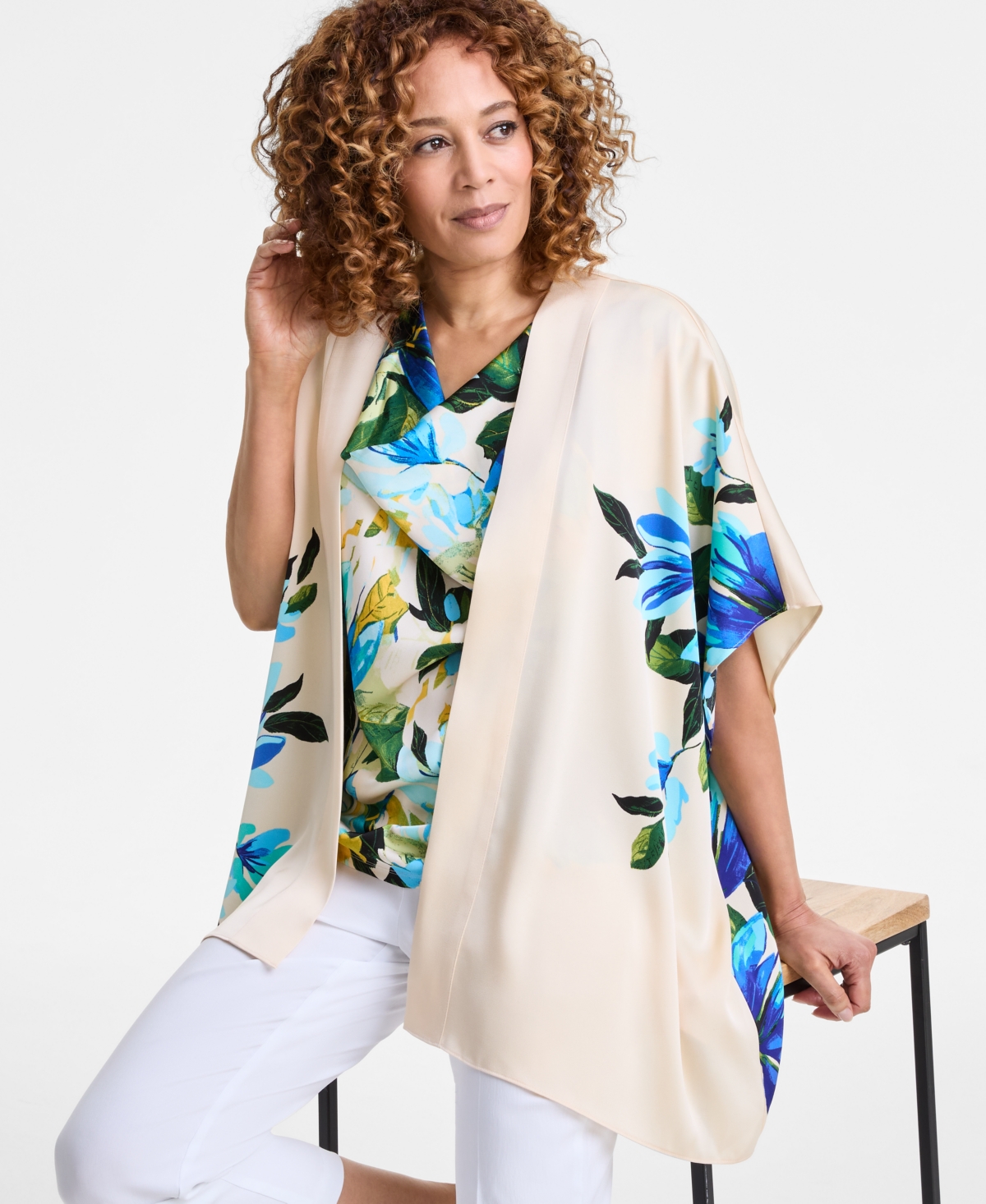 JM COLLECTION WOMEN'S PRINTED SATIN OPEN-FRONT KIMONO TOP, EXCLUSIVELY AT MACY'S 