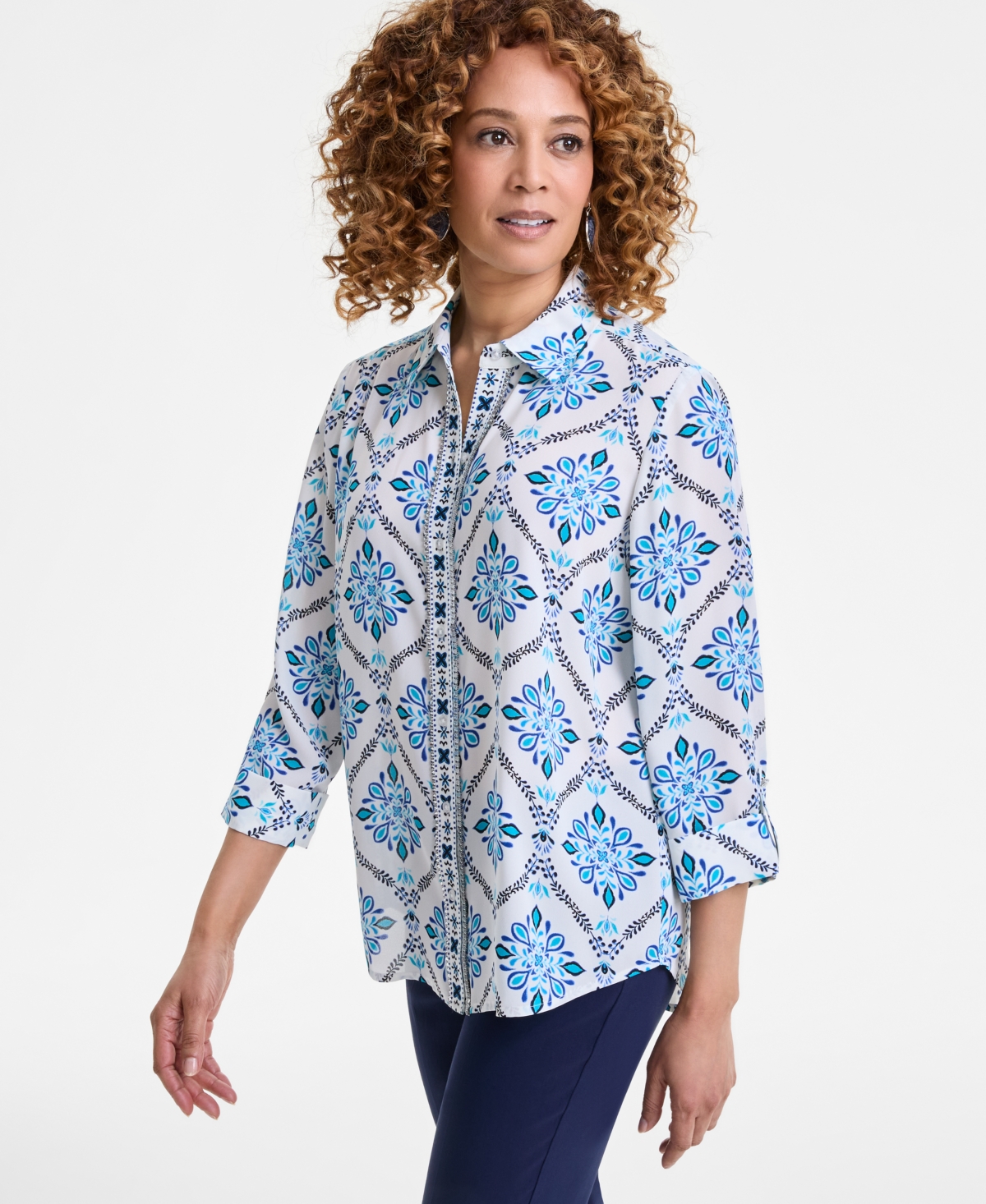 JM COLLECTION WOMEN'S EMBELLISHED-PLACKET BUTTON-FRONT SHIRT, EXCLUSIVELY AT MACY'S 