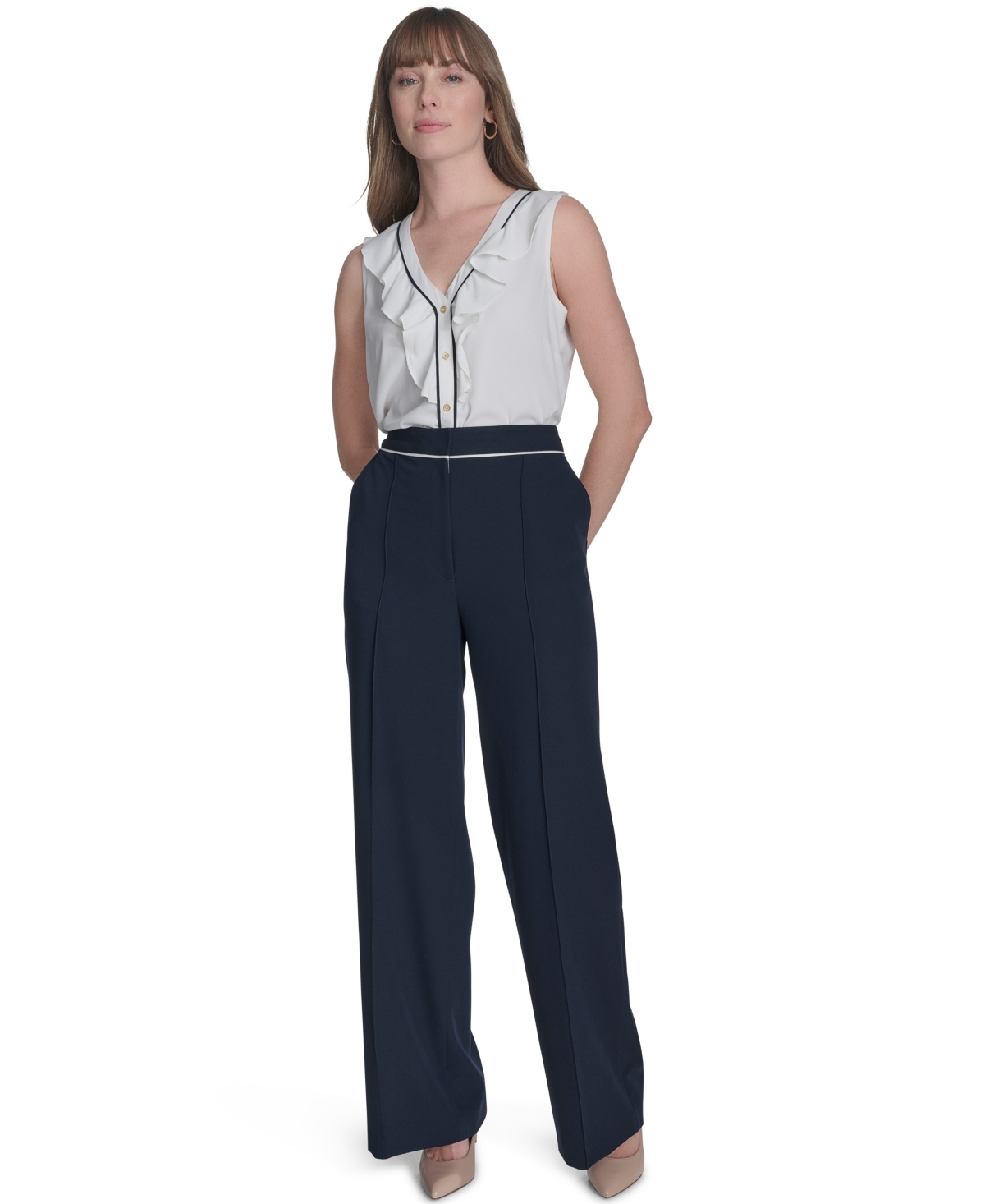 Tommy Hilfiger Women's Ruffle Contrast-tipped Blouse In Ivory,midnight