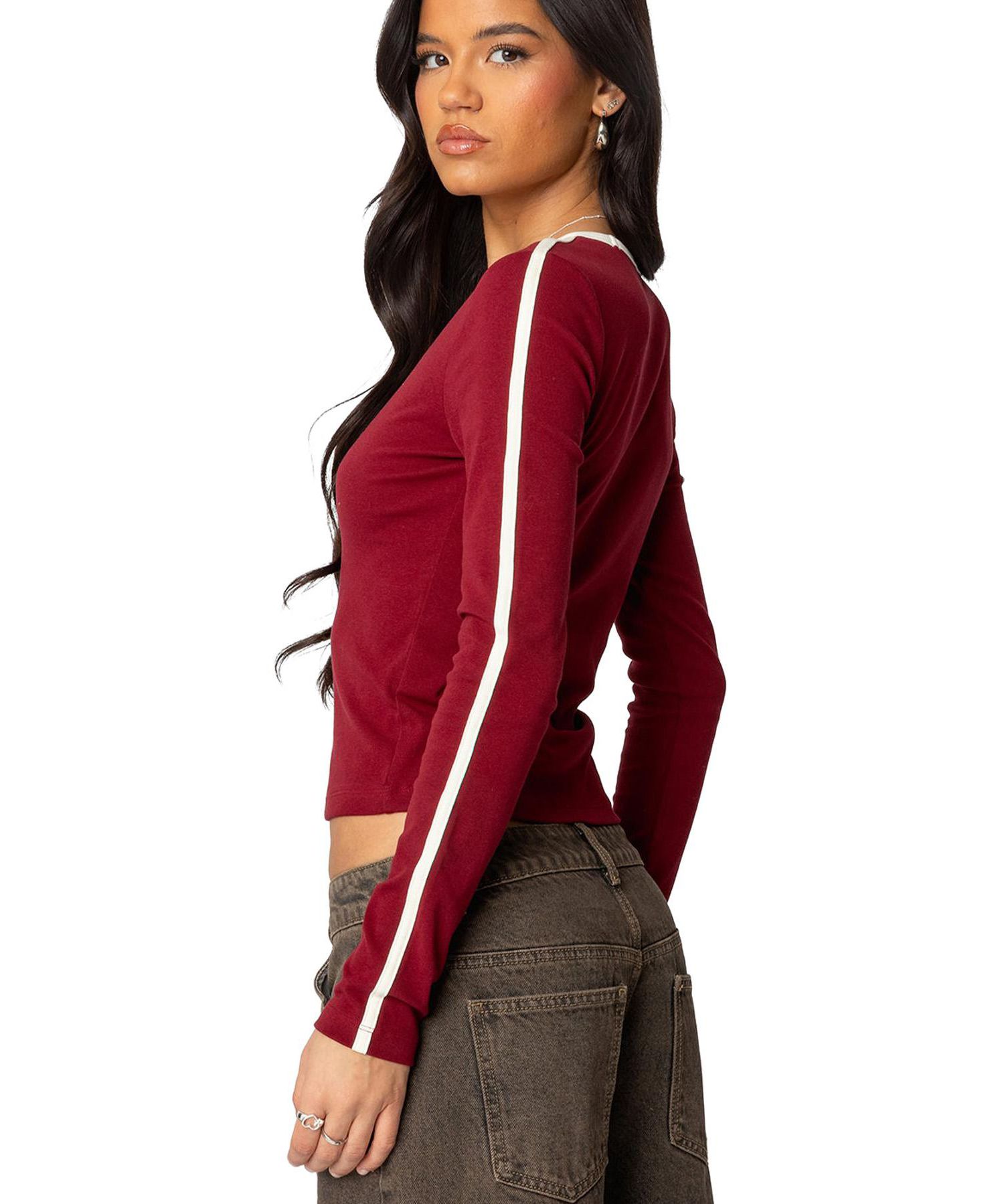 Women's Contrast V Neck Long Sleeve T Shirt