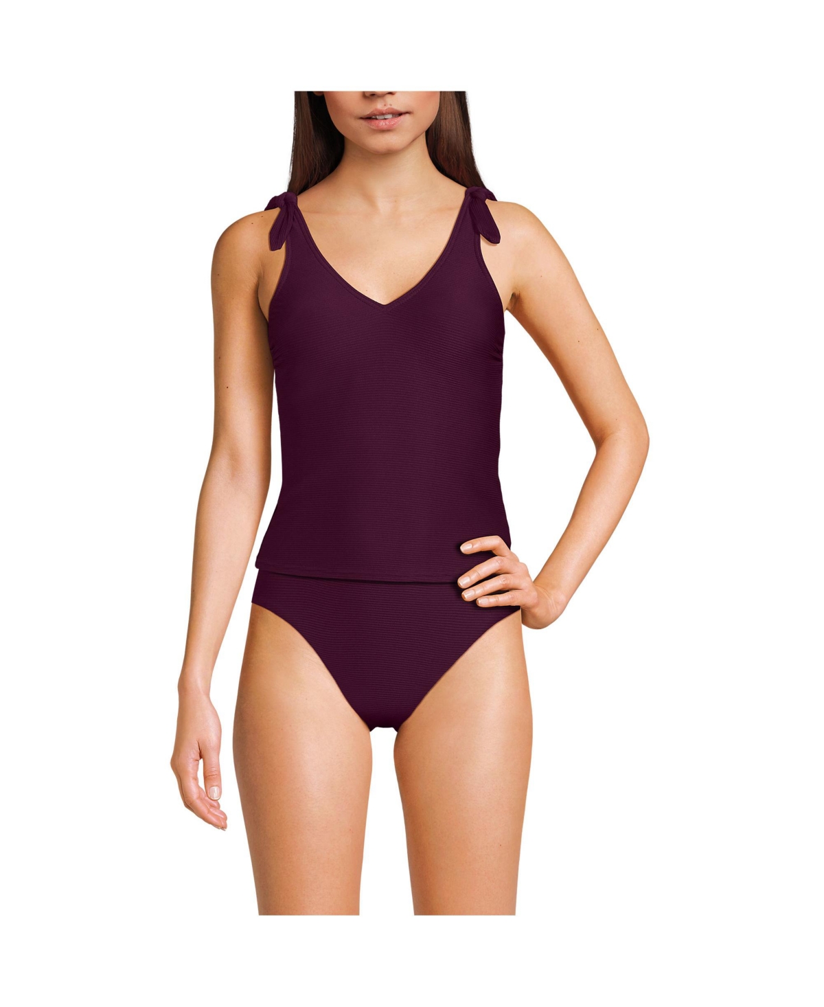 Women's Tie Shoulder Ribbed Flutter Tankini Top - Dark wine ottoman