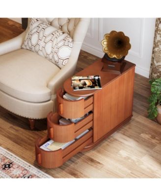 Set of 2 Solid Wood End Tables, 3-Drawer Slim Sofa Side Tables, No Assembly, Finished Back, Walnut for Living Room/Bedroom