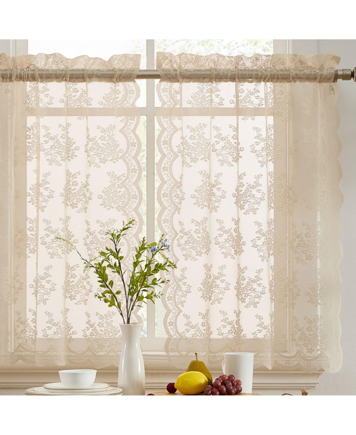 Hlc.me Jolene Floral Rod Pocket Lace Semi Sheer Voile Short Cafe Tiers for Small Windows - 28 x Inch Length (Taupe Tiers