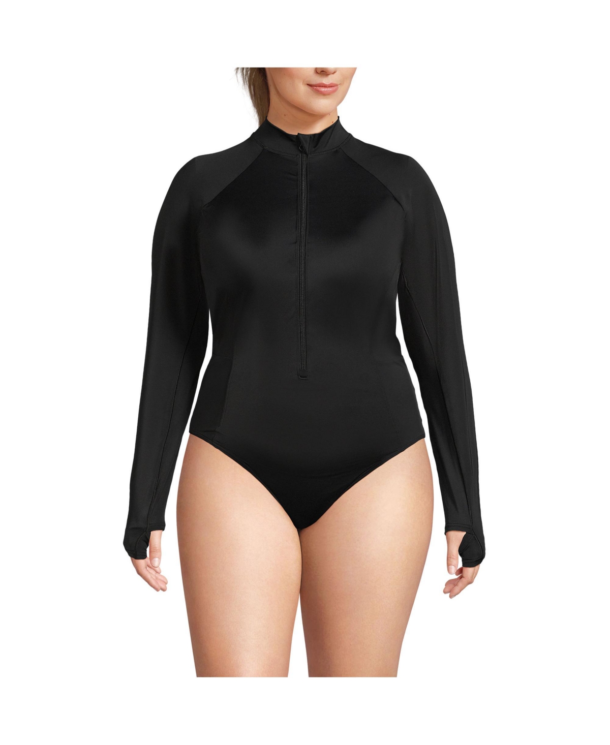Plus Size Tugless Long Sleeve Rash Guard One Piece Swimsuit - Black