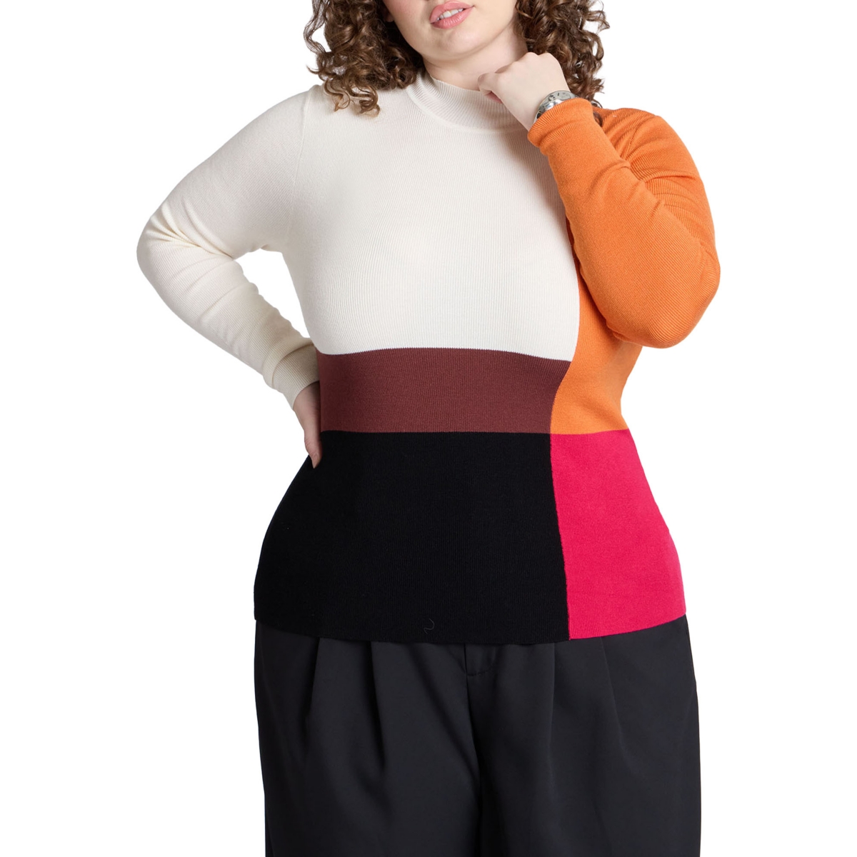 Women's Color Blocked Sweater - Pink orange