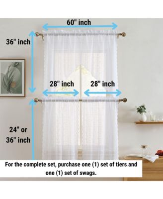 Sophia Floral Rod Pocket Lace Semi Sheer Voile Short Cafe Tiers for Small Windows - 28 x 36 Inch Length (White Tiers, Set of 2)