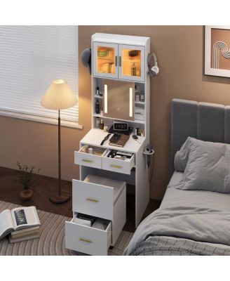 Small Vanity Desk with Mirror and LED Lights – Compact Makeup Table with Charging Station and Storage Shelves for Small Spaces