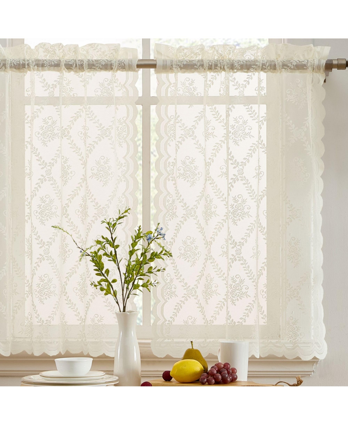 Isabella Floral Rod Pocket Lace Semi Sheer Voile Short Cafe Tiers for Small Windows - 28 x 36 Inch Length (Ivory Tiers, Set of 2) - Ivory