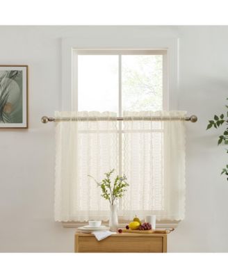 Sophia Floral Rod Pocket Lace Semi Sheer Voile Short Cafe Tiers for Small Windows - 28 x 24 Inch Length (Ivory Tiers, Set of 2)