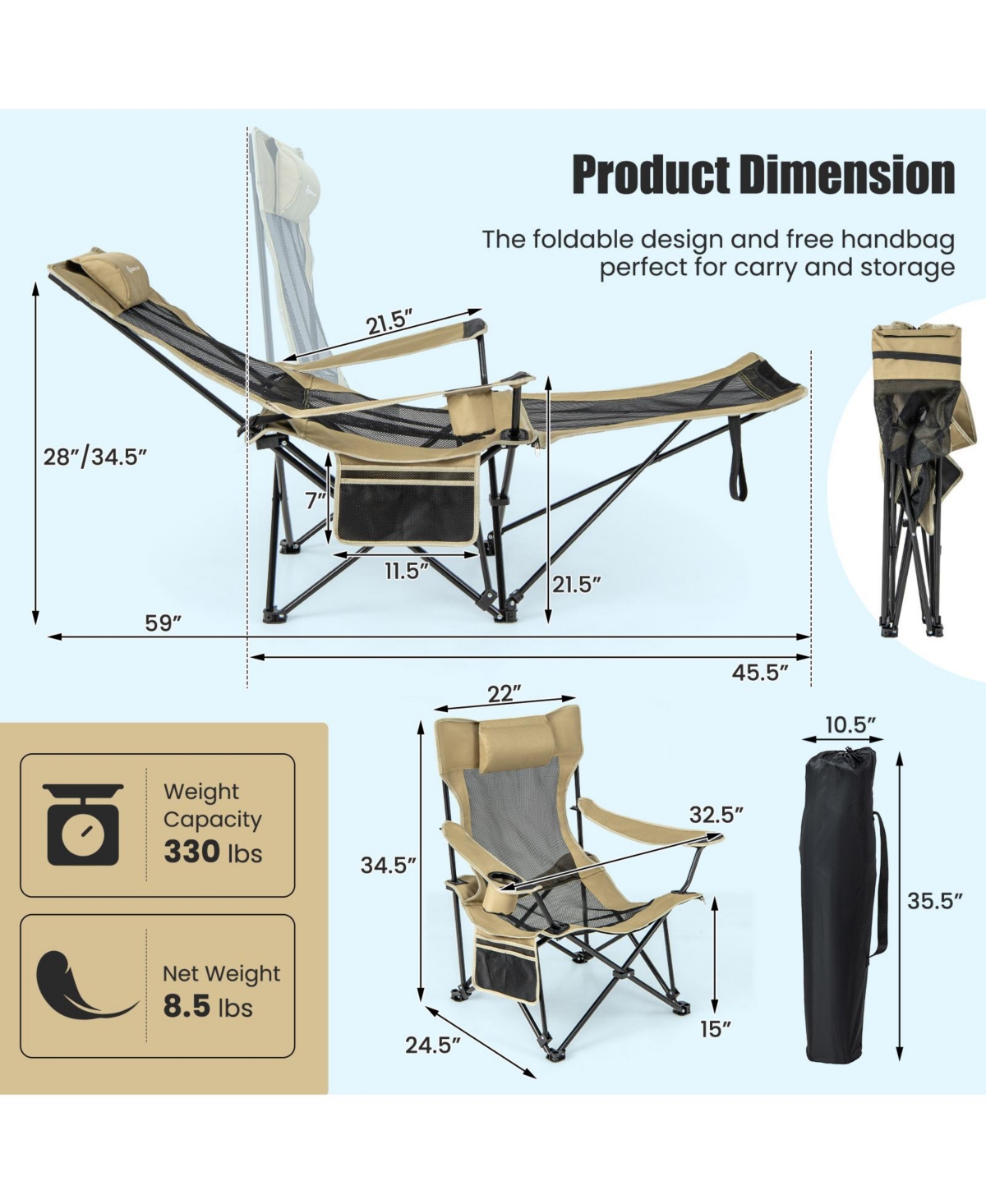 Camping Lounge Chair with Detachable Footrest Adjustable Backrest