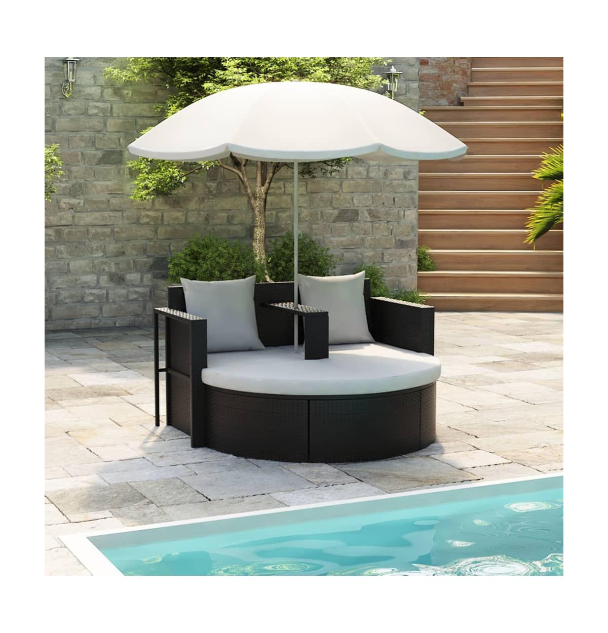 Patio Bed Outdoor Lounger Wicker Daybed with Parasol Poly Rattan