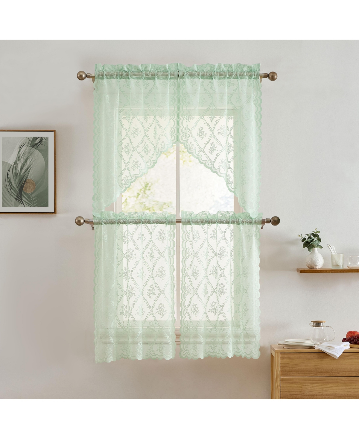 Hlc.me Isabella Floral Rod Pocket Lace Semi Sheer Voile Short Cafe Tiers for Small Windows - 28 x Inch Length (Seafoam Green Tiers