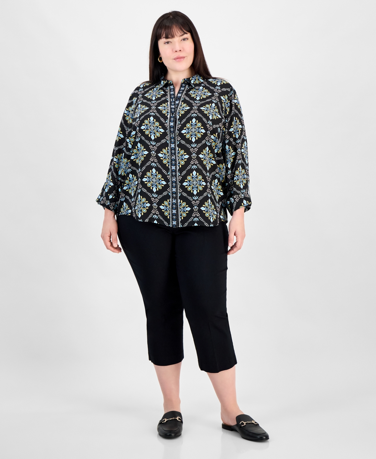 JM COLLECTION PLUS SIZE EMBELLISHED-PLACKET BUTTON-FRONT SHIRT, EXCLUSIVELY AT MACY'S 