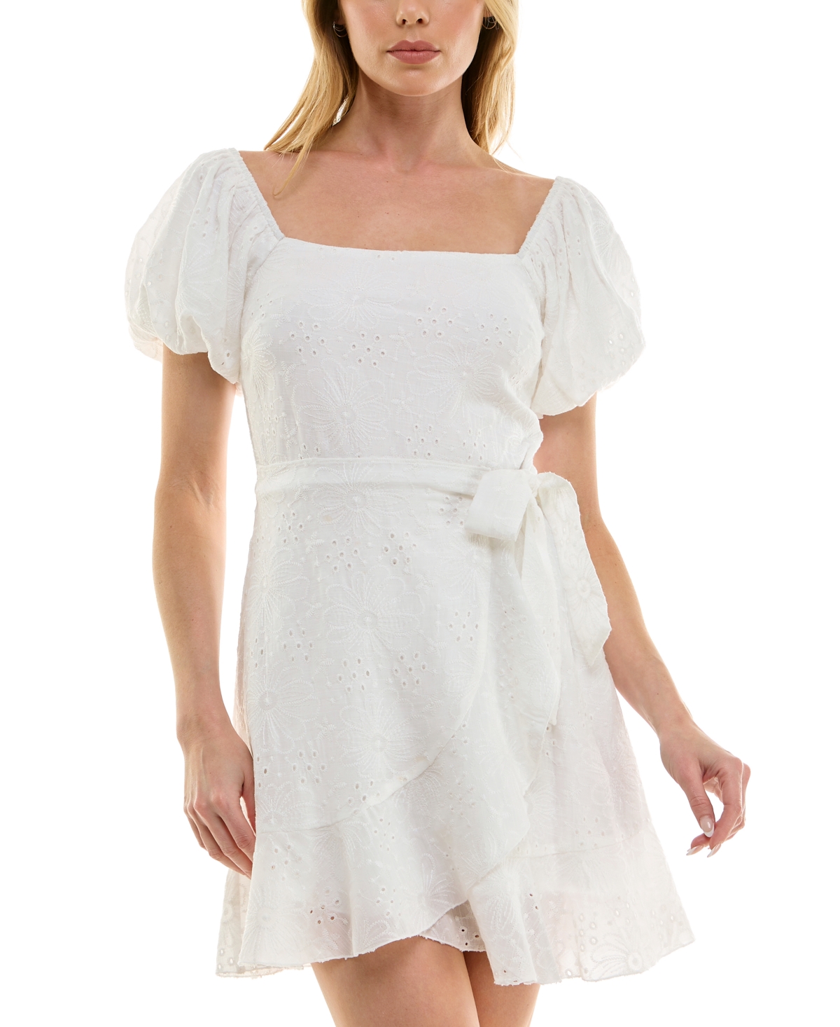 Juniors' Eyelet Embroidered Puff-Sleeve Fit & Flare Dress - White
