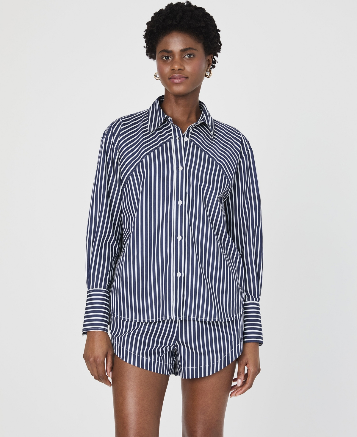 Shop French Connection Women's Alexis Cotton Angled-yoke Shirt In Marine,white