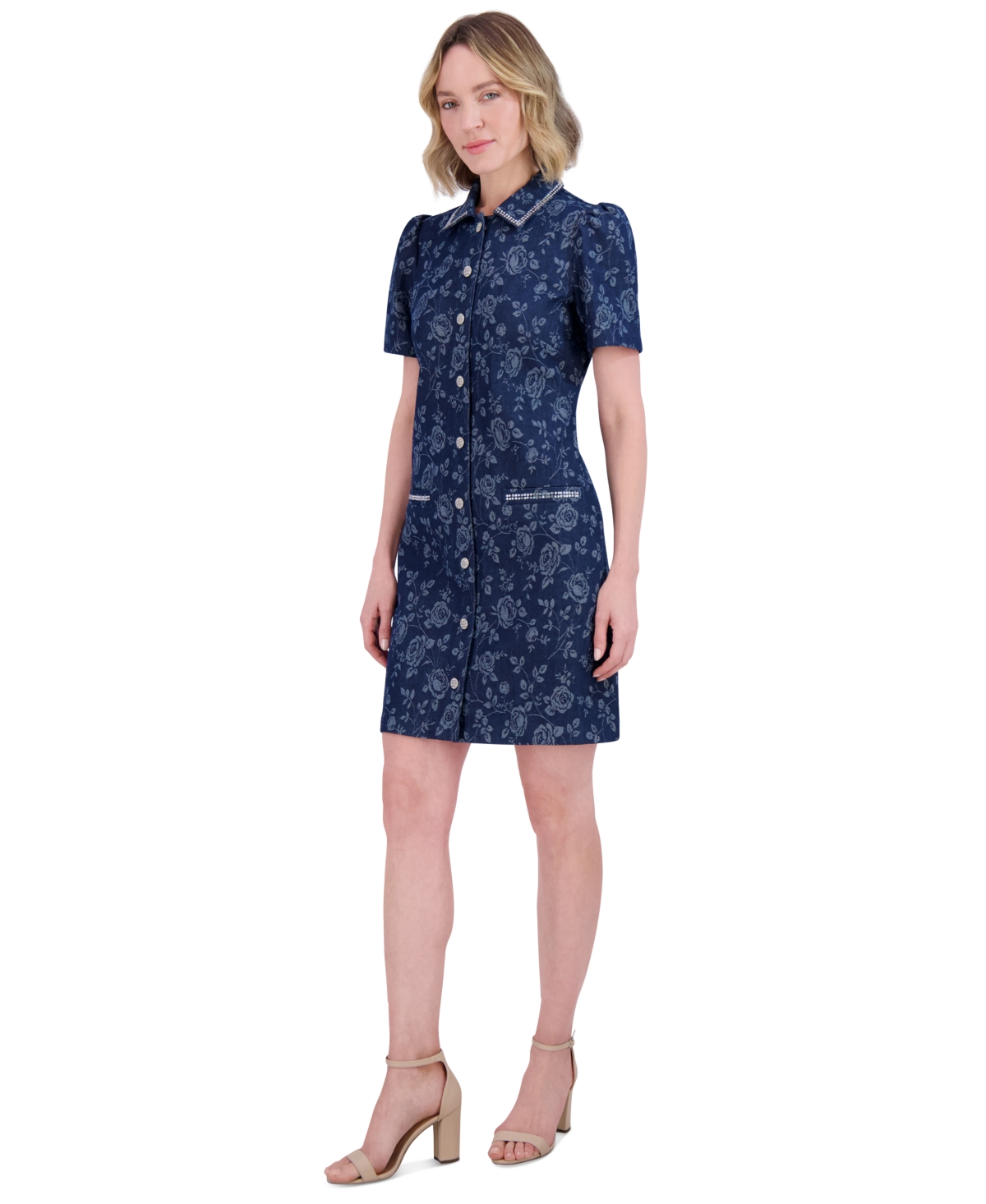 ELIZA J PETITE FLORAL PRINT PUFF-SLEEVE DENIM SHIRT DRESS 