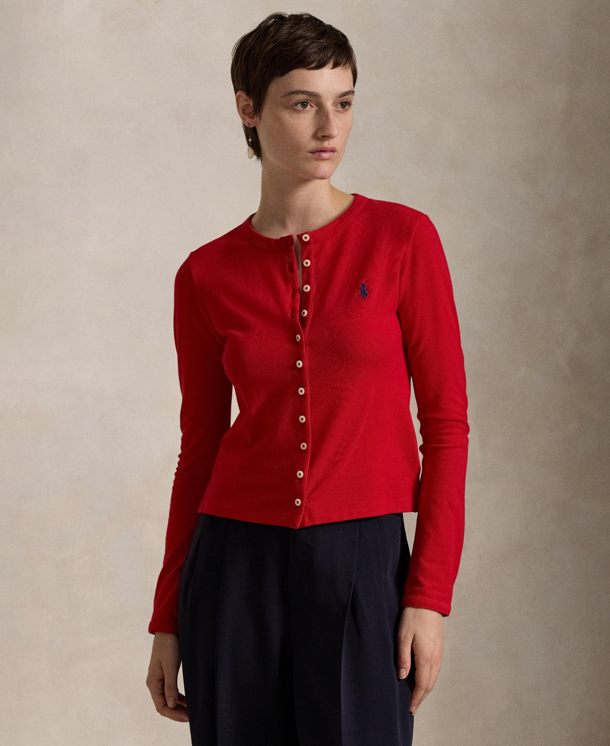 Polo Ralph Lauren Women's Stretch Mesh Cotton Crewneck Cardigan Top