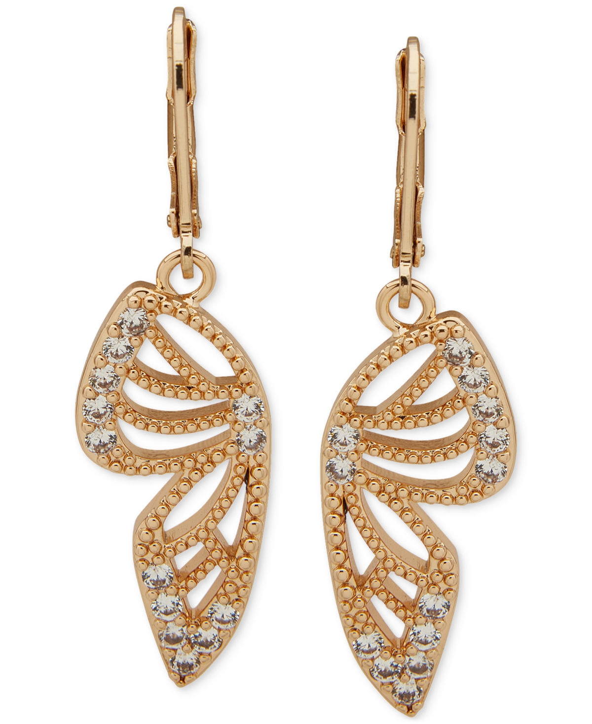 Gold-Tone Cubic Zirconia Openwork Butterfly Wing Drop Earrings - White