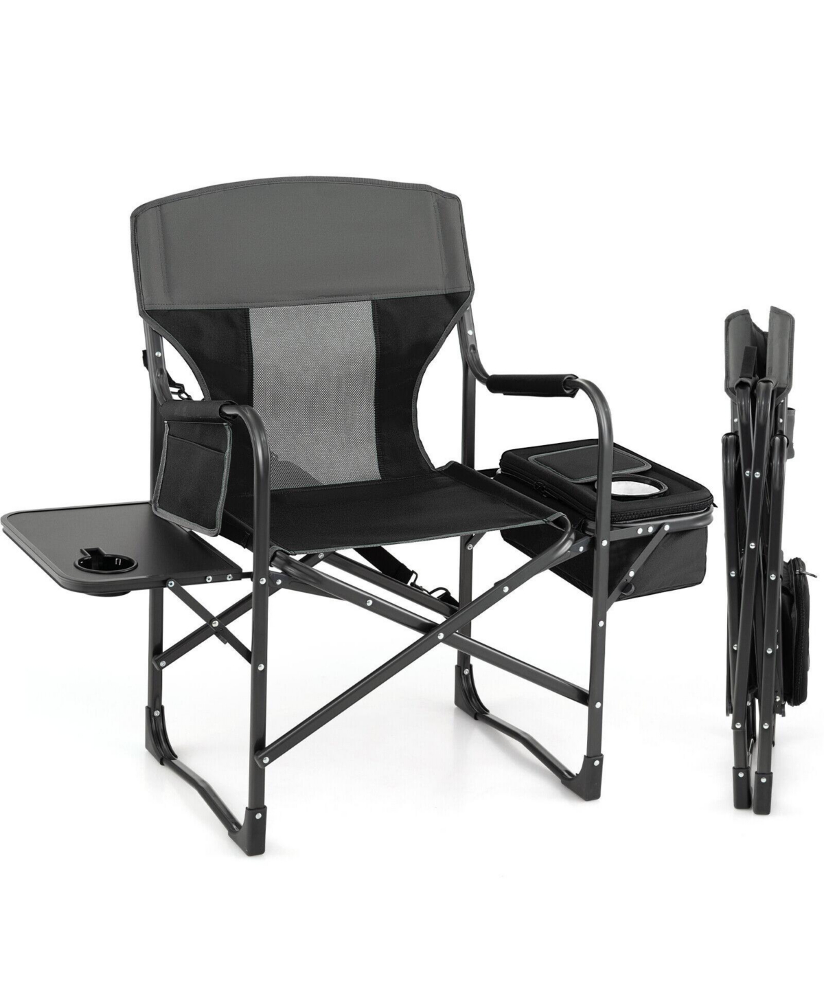 Folding Camping Directors Chair with Cooler Bag and Side Table - Black