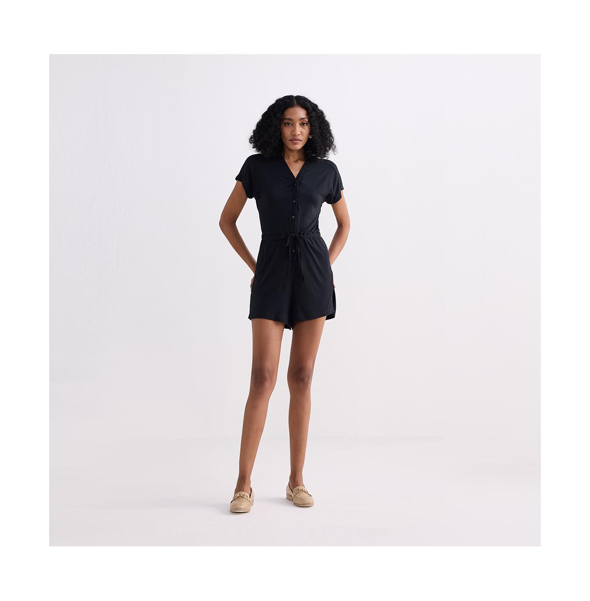 Women's V neck Drawstring Knit Romper in Black - Black