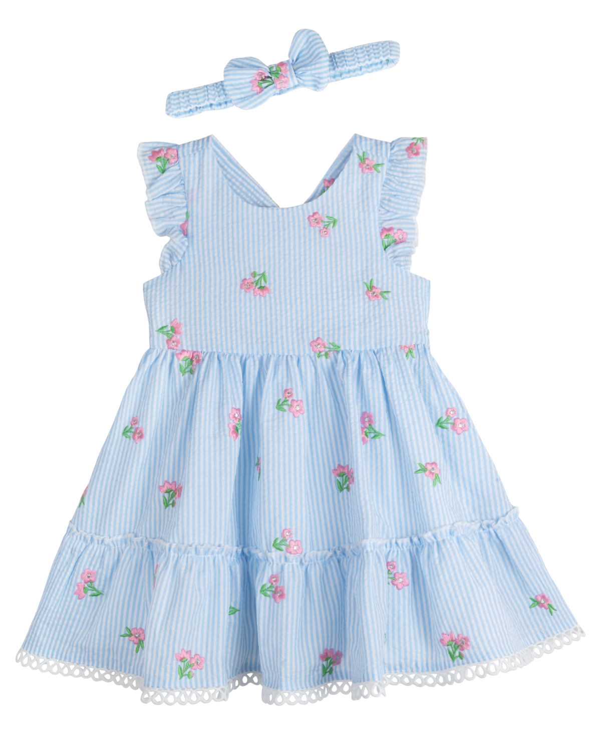 Rare Editions Baby Girls 2-piece Seersucker Dress With Matching Headband Set In Blue