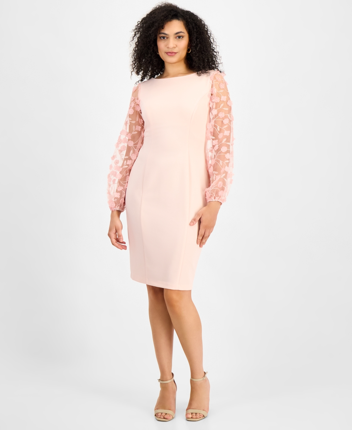 Women's Boat-Neck Floral-Sleeve Sheath Dress - Dusty Rose