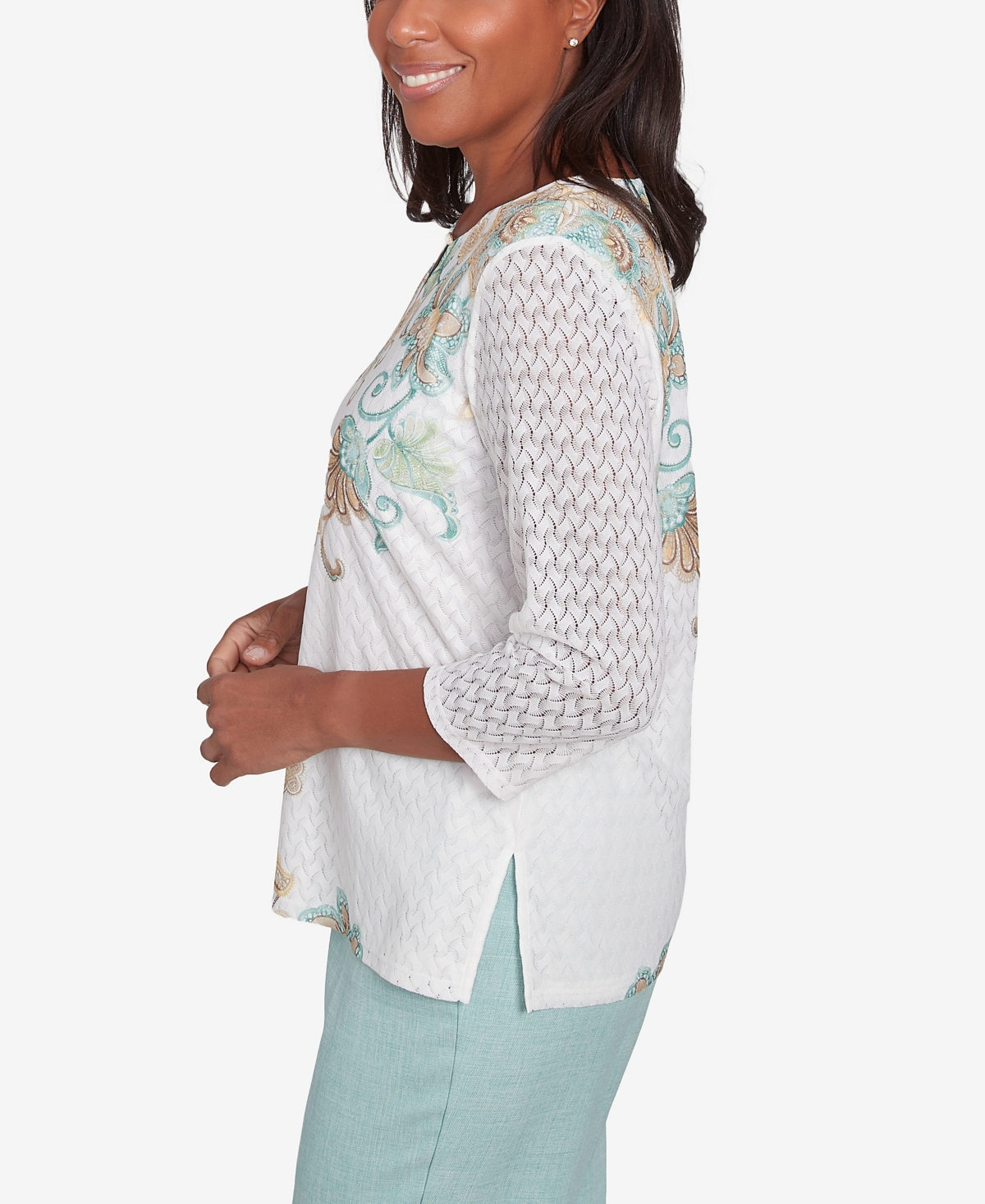 Alfred Dunner Petite Kensington Gardens Textured Knit Scroll Split Neck Top In Neutral Multi