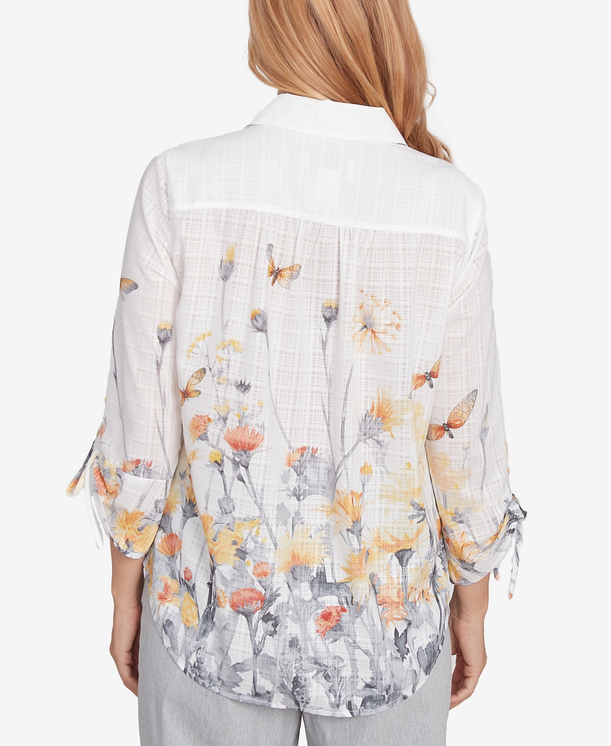 Alfred Dunner Petite Dress Code Button Down Butterfly Floral Top With Necklace In Multi White