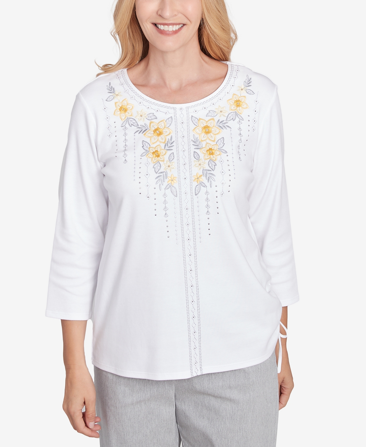 Women's Dress Code Linear Knit Floral Embroidered Crew Neck Top - White