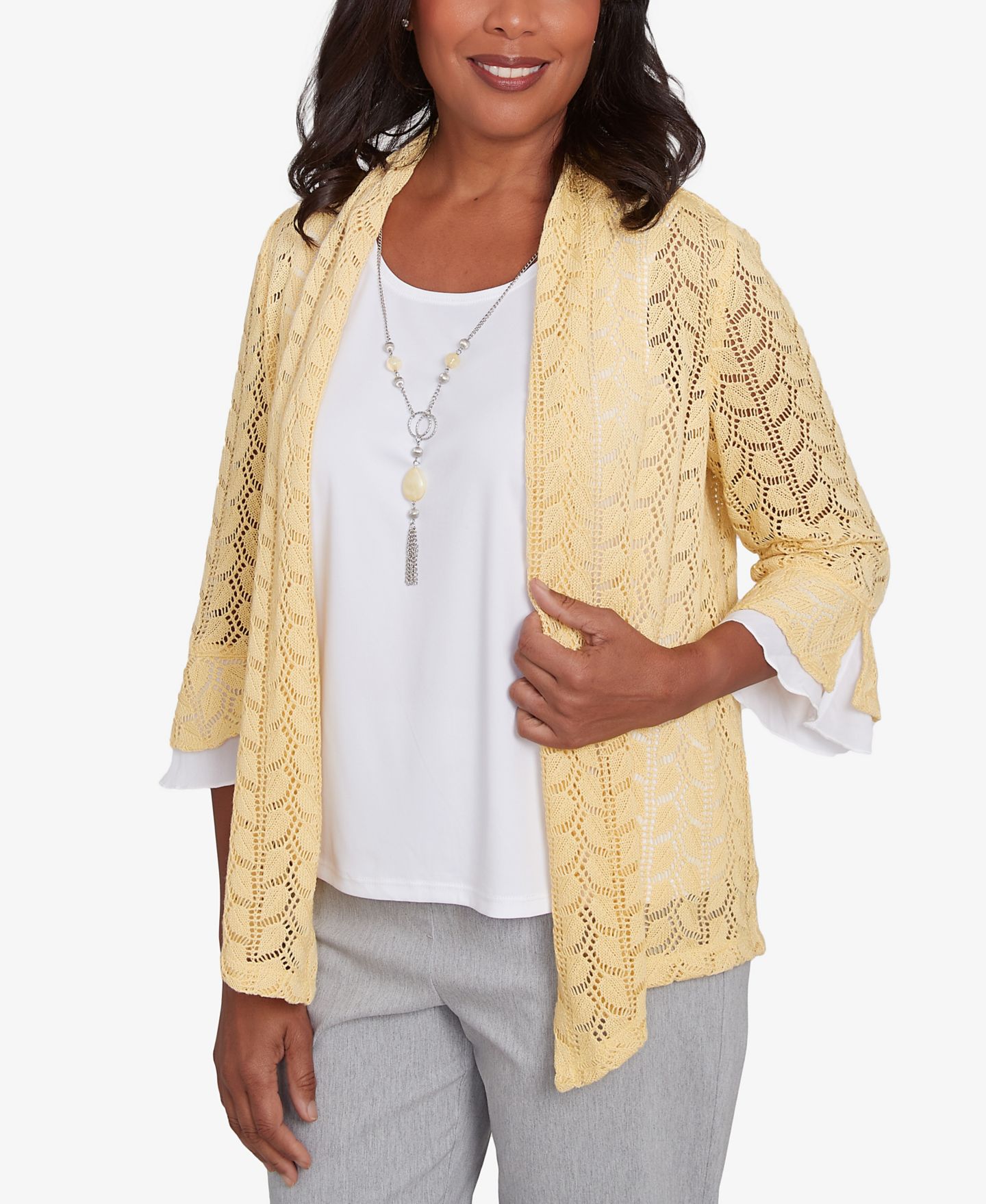 Женский топ Alfred Dunner Dress Code Two in One Pointelle Knit with Necklace, цвет: Buttercup — фото 4